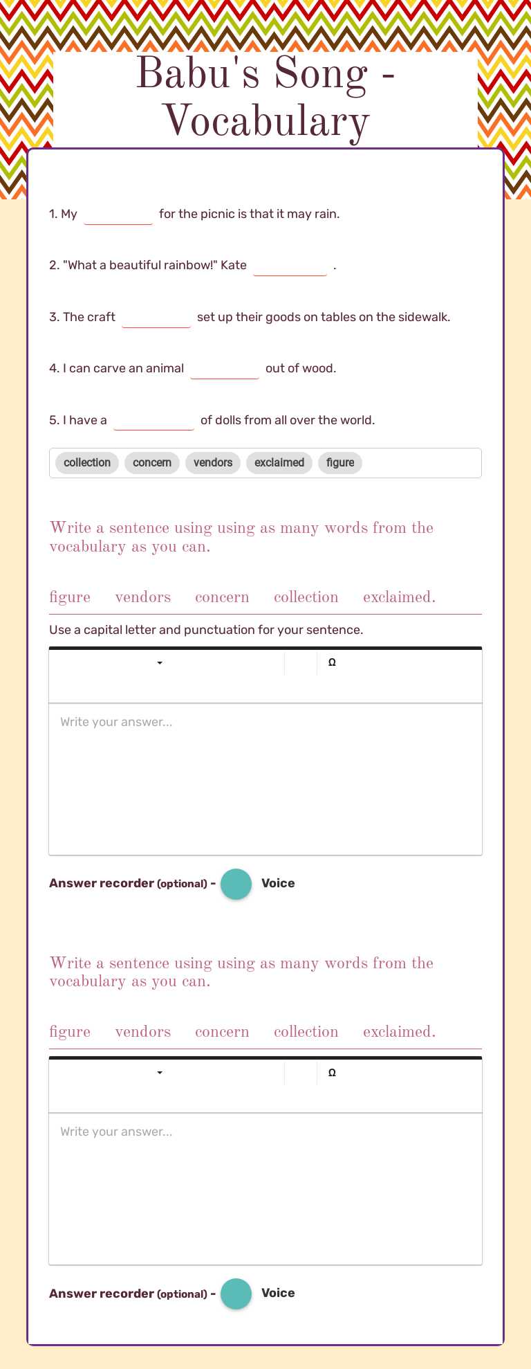 Babu's Song - Vocabulary worksheet preview image