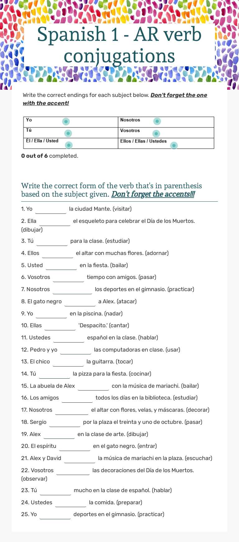 Spanish 1 - AR verb conjugations worksheet preview image