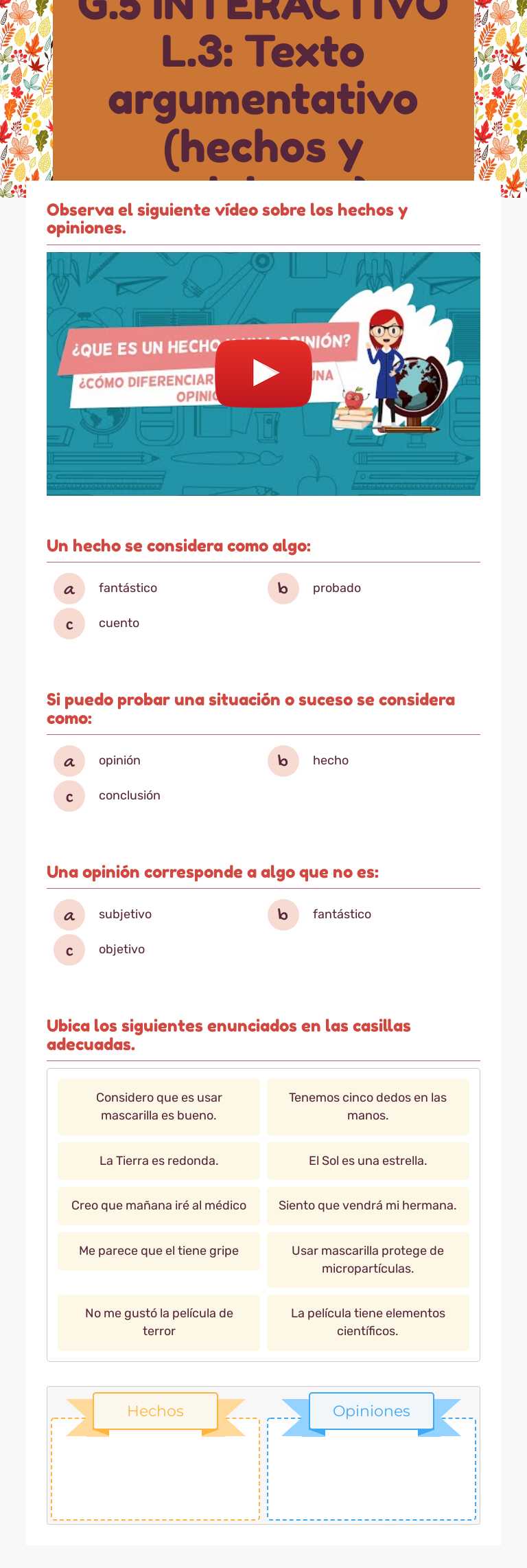 G.5 INTERACTIVO L.3: Texto argumentativo (hechos y opiniones) Grade 5 worksheet preview