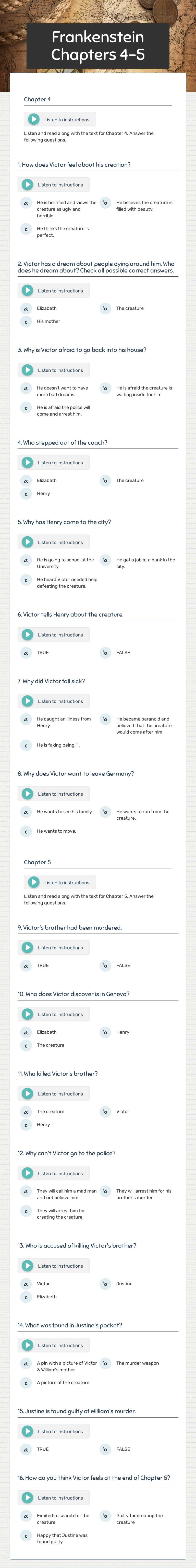 Frankenstein Chapters 4-5 worksheet preview image