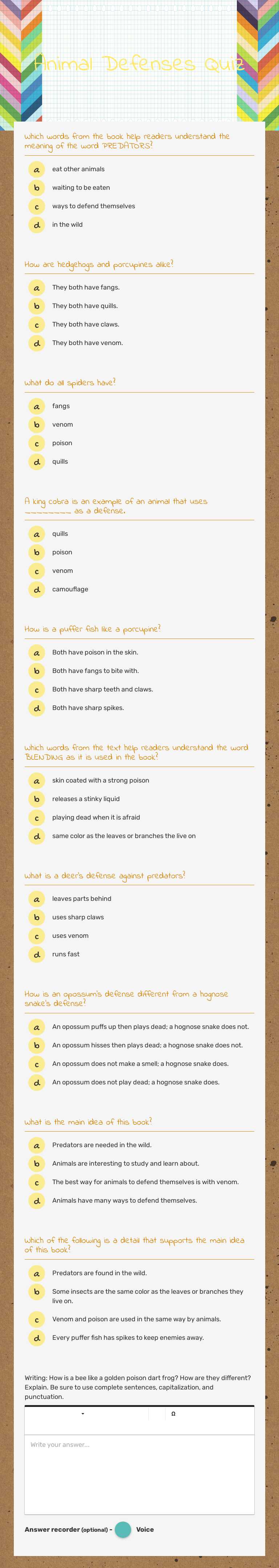 Animal Defenses Quiz worksheet preview image