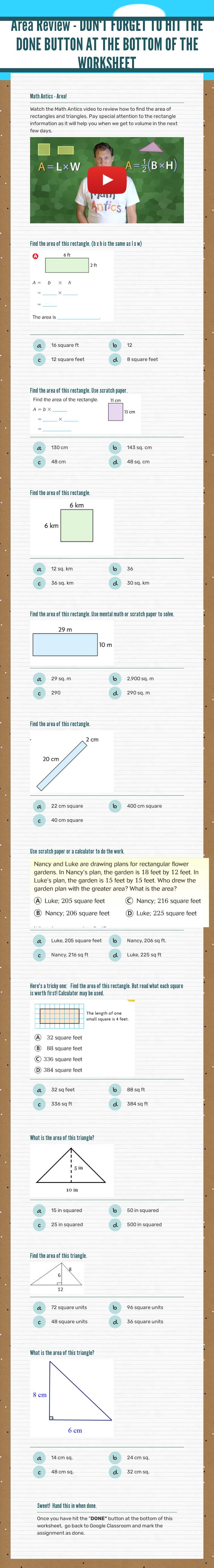 Area Review - DON'T FORGET TO HIT THE DONE BUTTON AT THE BOTTOM OF THE WORKSHEET worksheet preview image