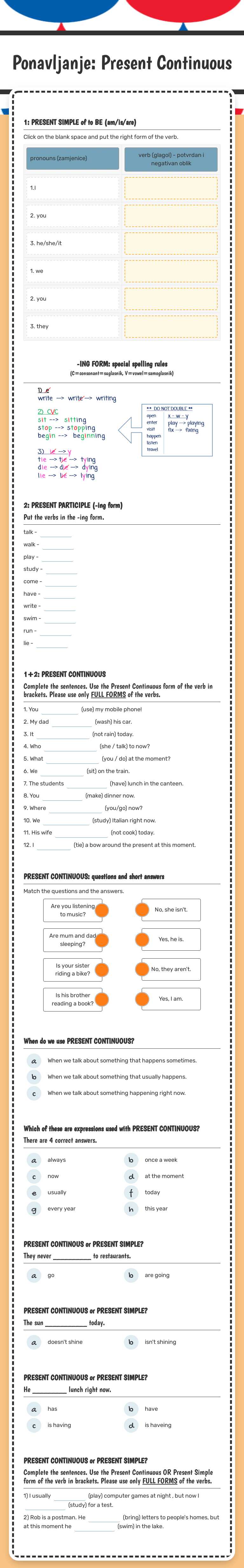 Ponavljanje: Present Continuous worksheet preview image