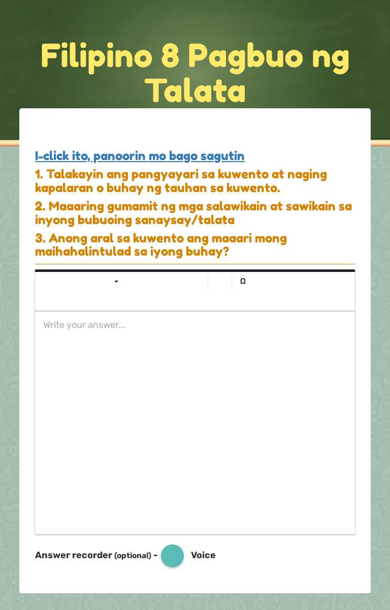 Filipino 8
Pagbuo ng Talata worksheet preview image