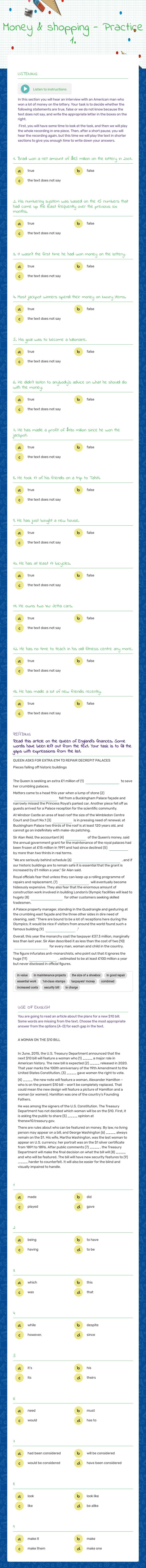 Money & shopping - Practice 1. worksheet preview image