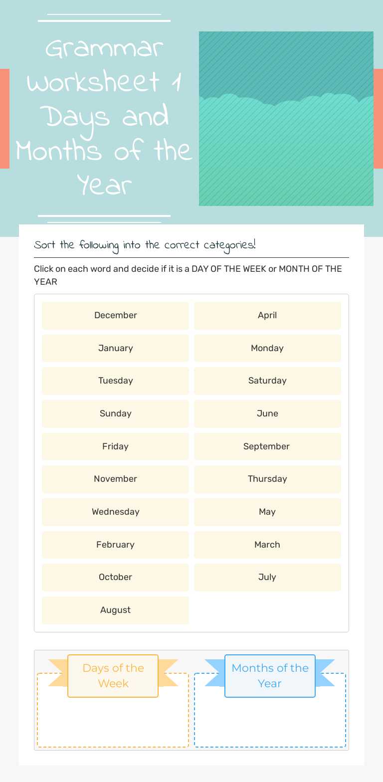 Grammar Worksheet 1                   
    Days and Months of the Year worksheet preview image