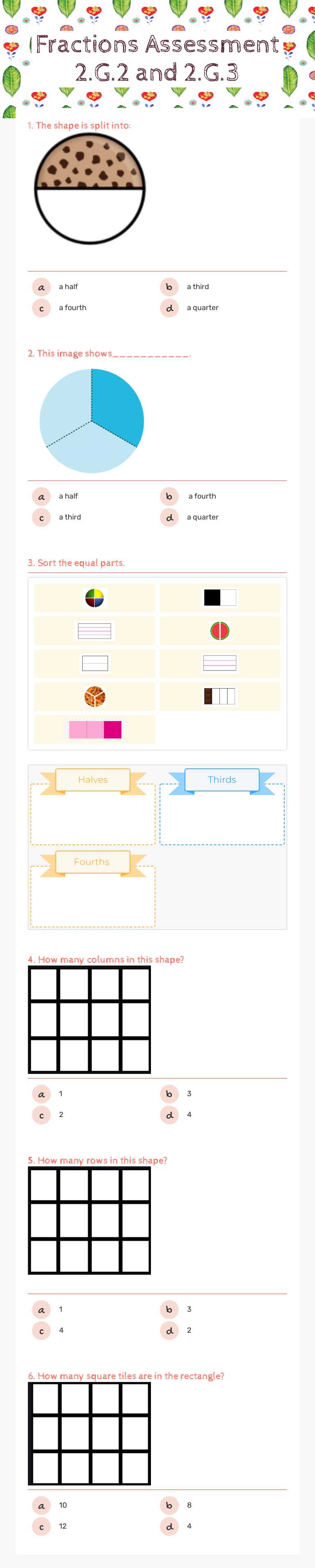 Fractions Assessment 2.G.2 and 2.G.3 worksheet preview image