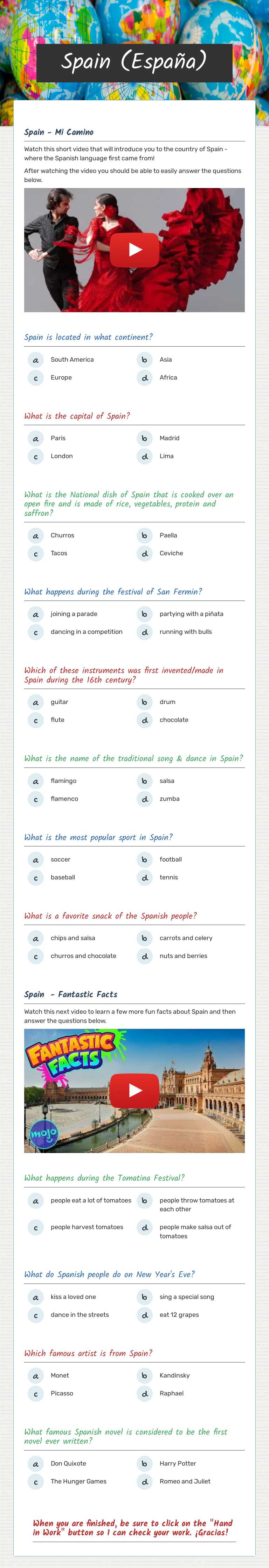 Spain (España) Grade 7 worksheet preview