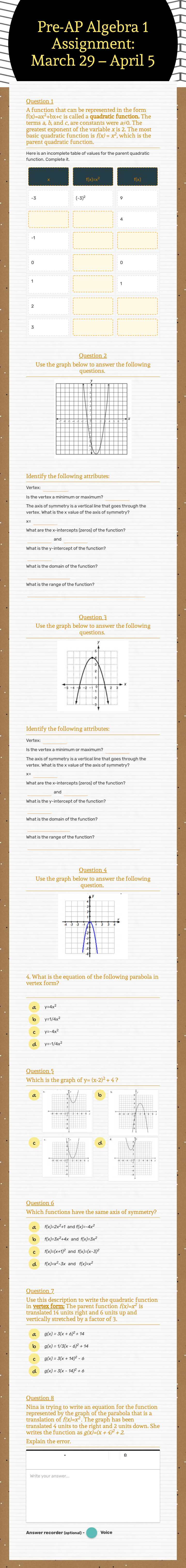 Pre-AP Algebra 1 Assignment: March 29 – April 5 worksheet preview image