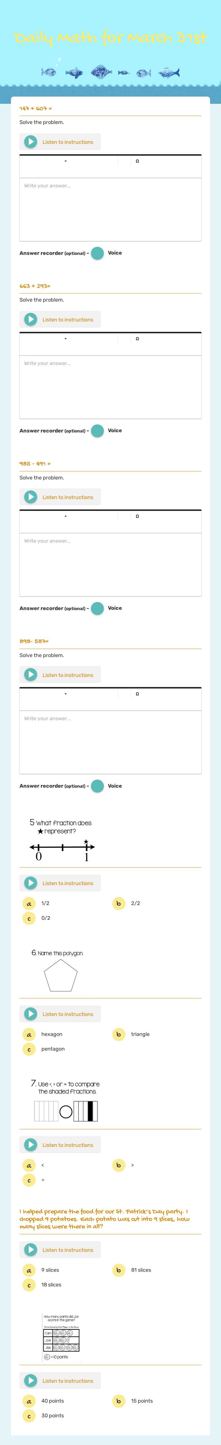 Daily Math for March 31st Grade 3 worksheet preview