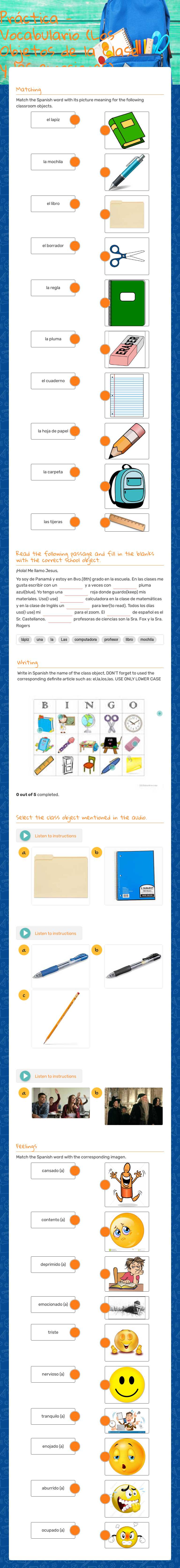 Práctica -Vocabulario (Los Objetos de la Clase y las emociones) Grade 6 worksheet preview