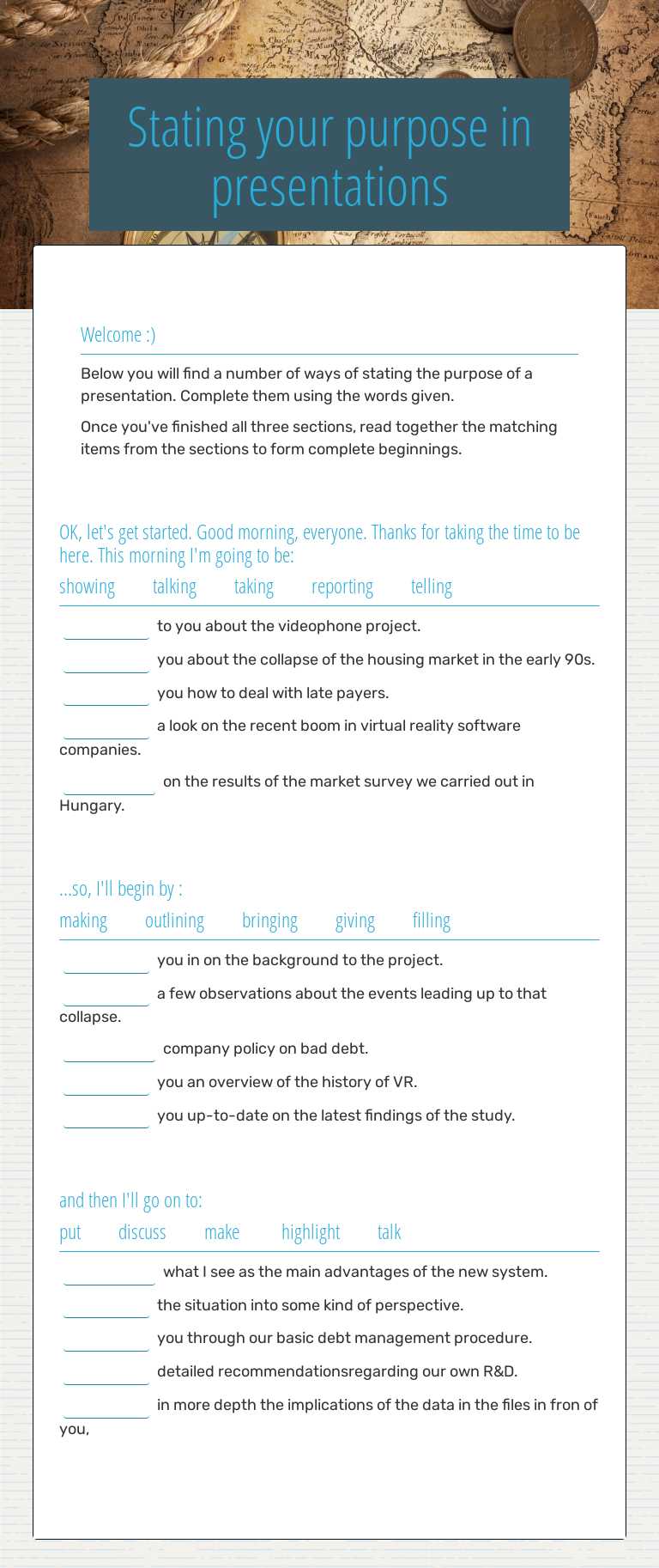 Stating your purpose in presentations Other worksheet preview
