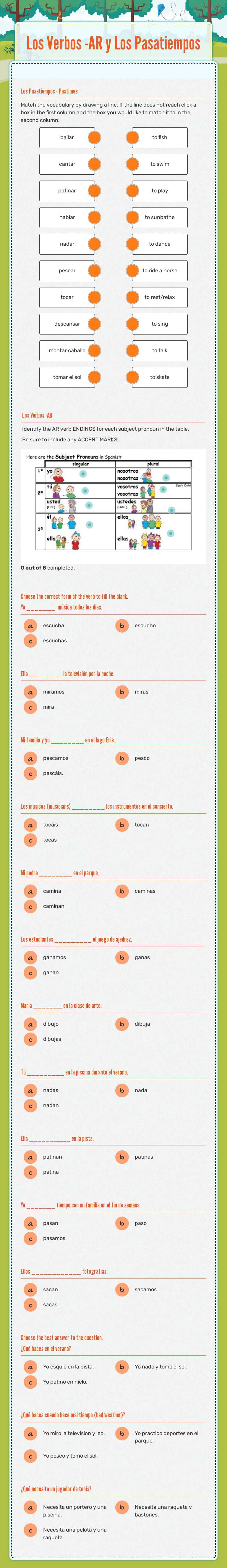 Los Verbos -AR y Los Pasatiempos worksheet preview image