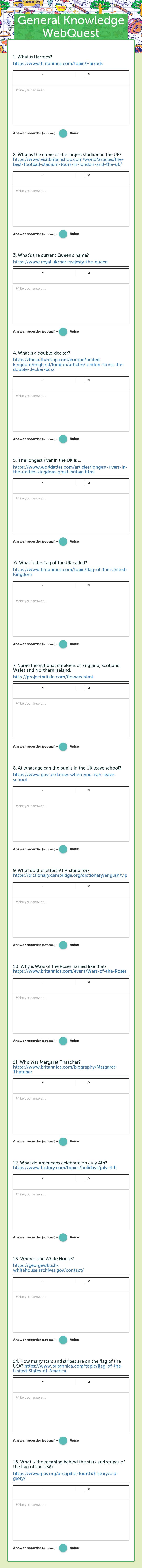 General Knowledge WebQuest worksheet preview image