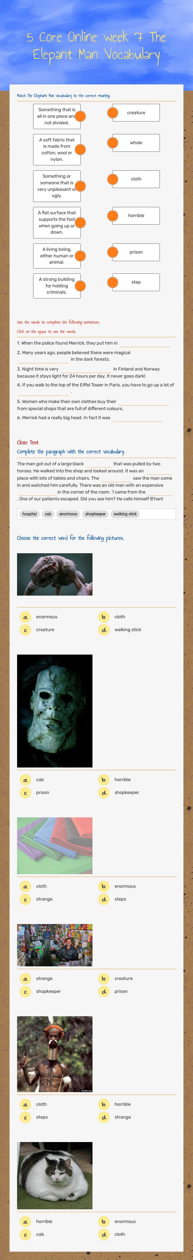 5 Core Online     
            week 7        
 The Elepant Man Vocabulary Grade 5 worksheet preview