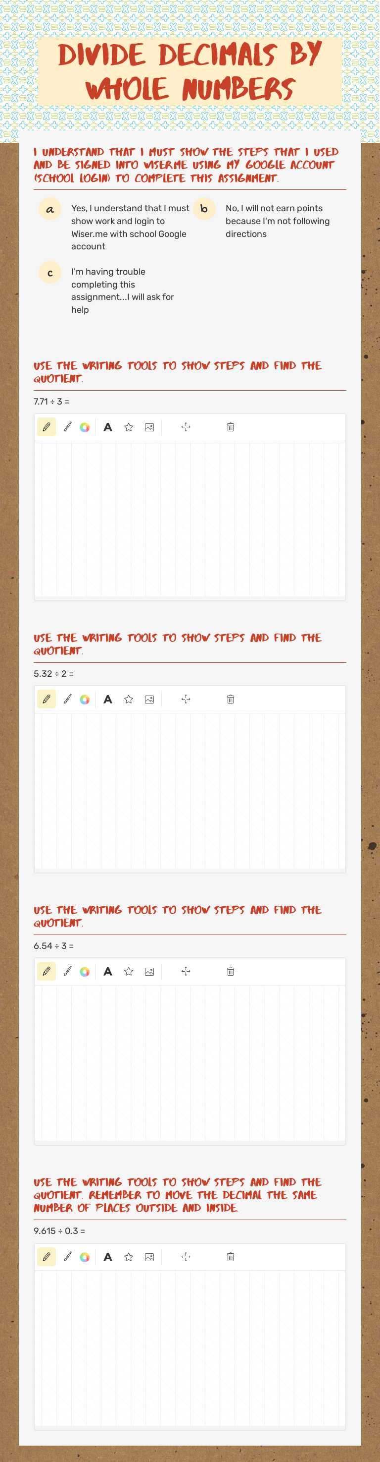 Divide decimals by whole numbers Grade 5 worksheet preview