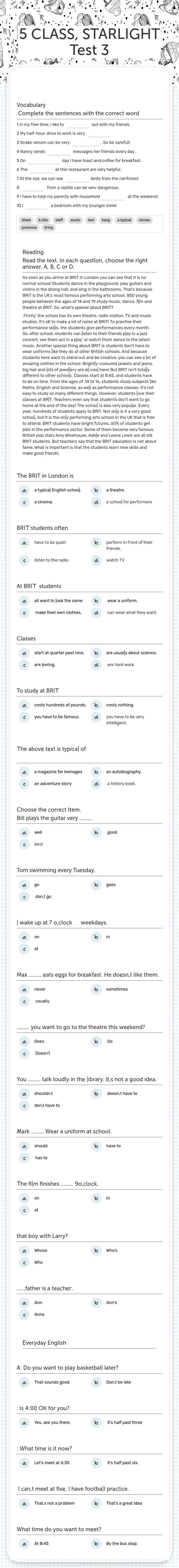 5 CLASS, 
STARLIGHT    Test 3 worksheet preview image
