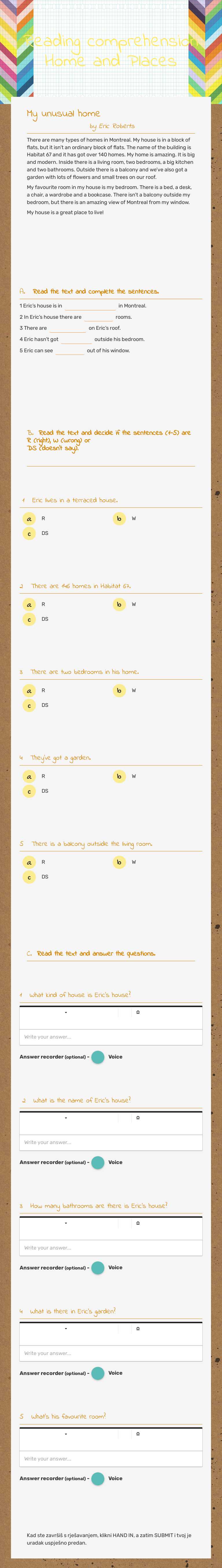 Reading comprehension  Home and Places worksheet preview image