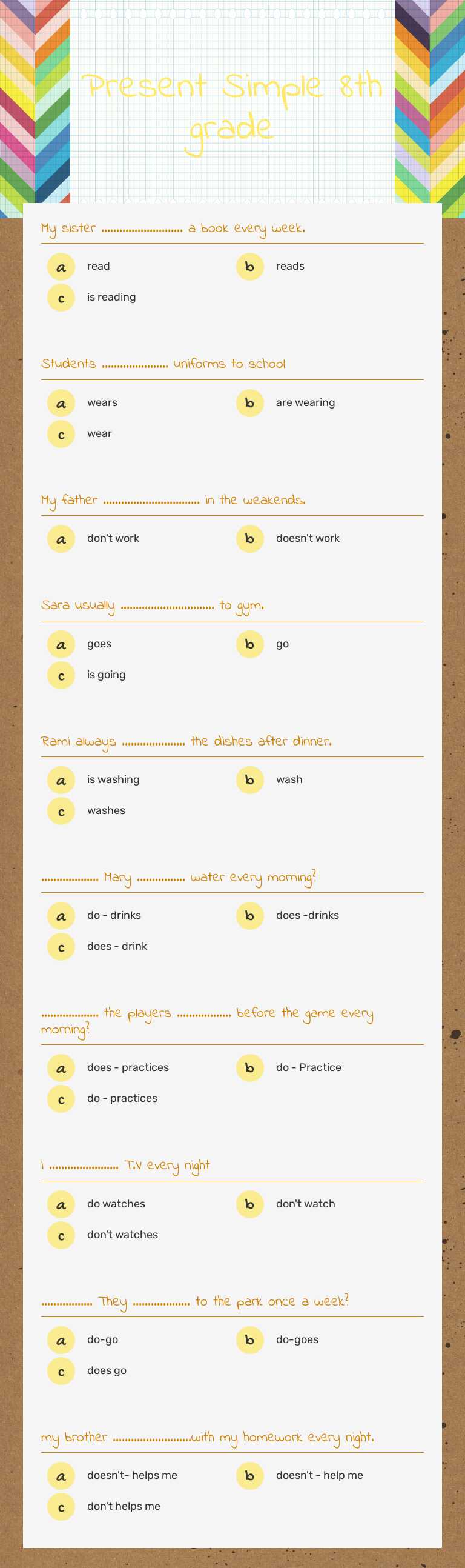 Present Simple 8th grade worksheet preview image