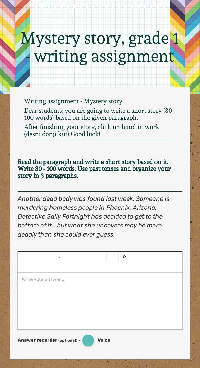 Mystery story, grade 1  - writing assignment worksheet preview image
