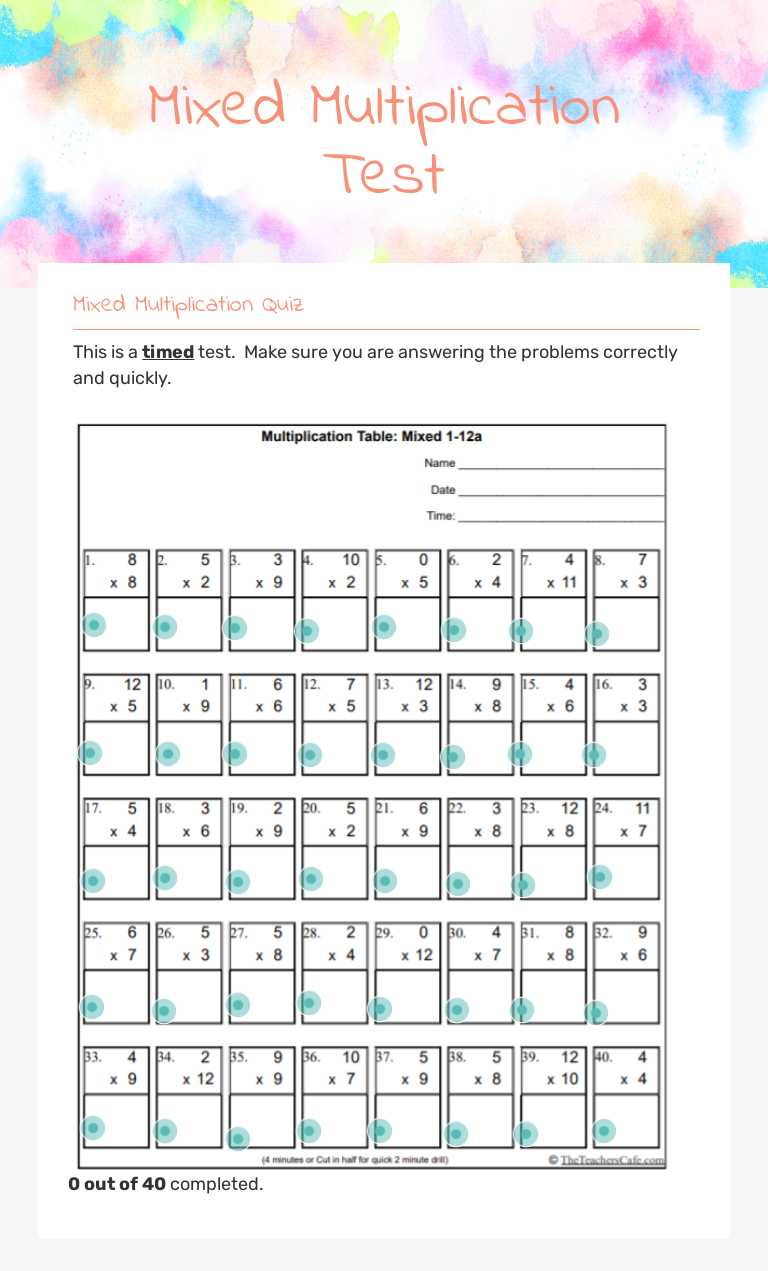 Mixed Multiplication   Test worksheet preview image