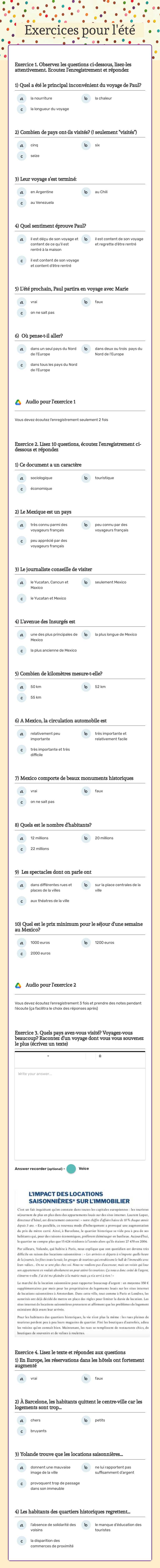 Exercices pour l'été worksheet preview