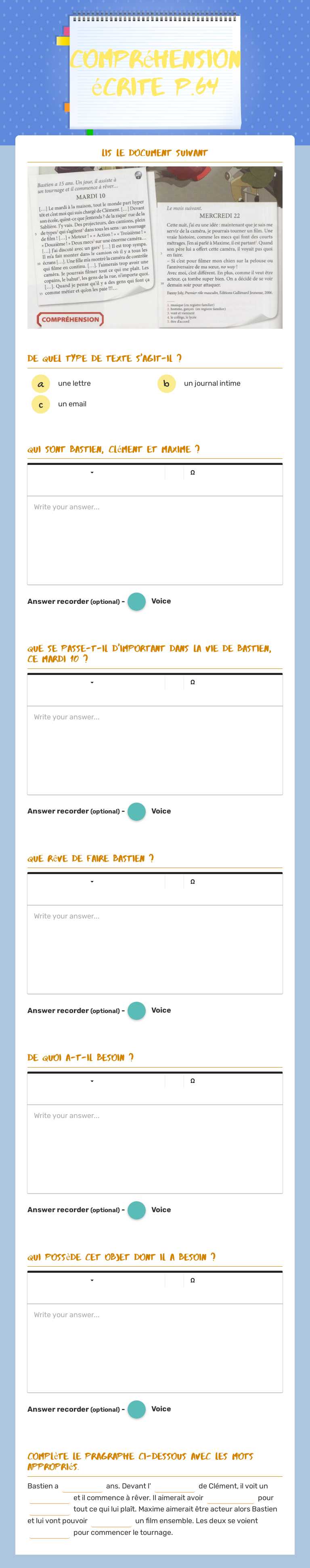 Compréhension écrite p.64 worksheet preview image