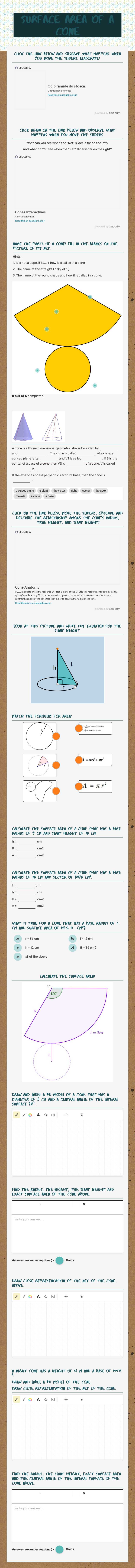 SURFACE AREA OF A Cone Grade 9 worksheet preview