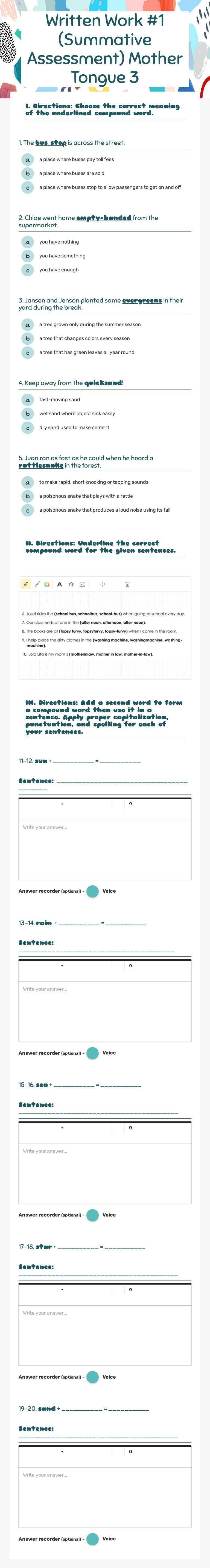 Written Work #1 (Summative Assessment) Mother Tongue 3 Grade 3 worksheet preview
