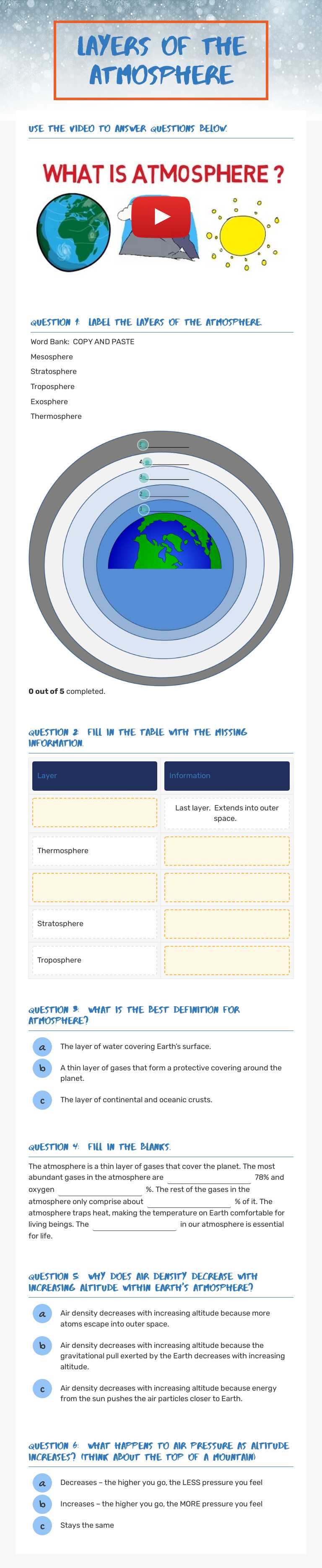 Layers of The Atmosphere worksheet preview image