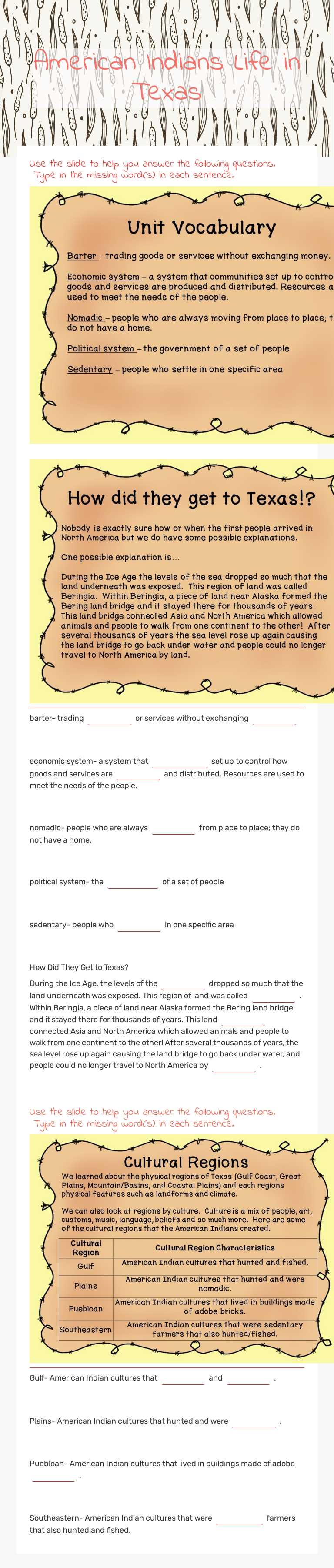 American Indians Life in Texas worksheet preview