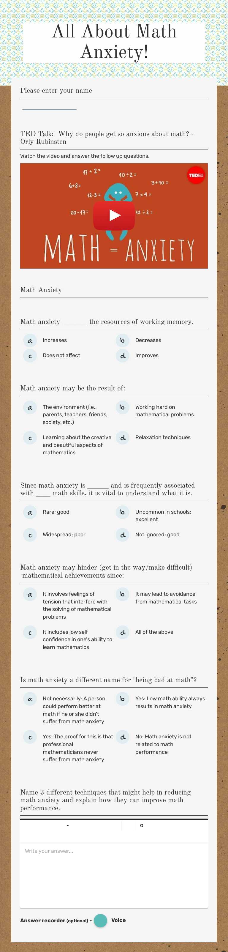 All About Math Anxiety! worksheet preview image