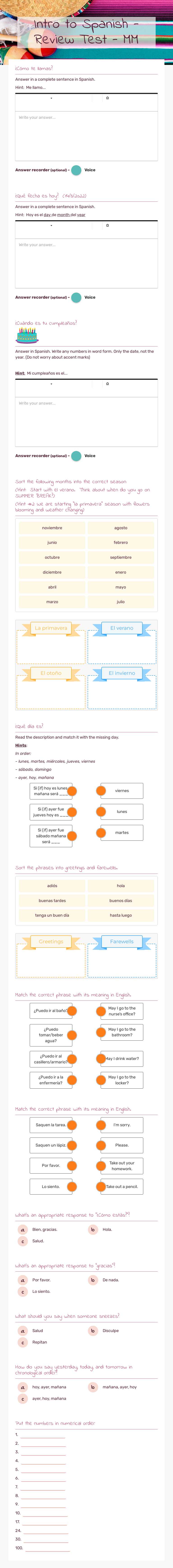 Intro to Spanish -  Review Test - MM worksheet preview image