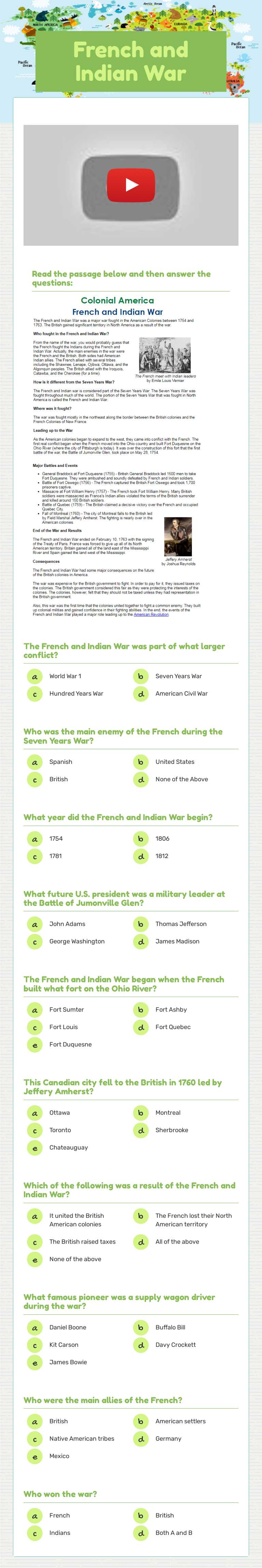 French and Indian War Grade 5 worksheet preview