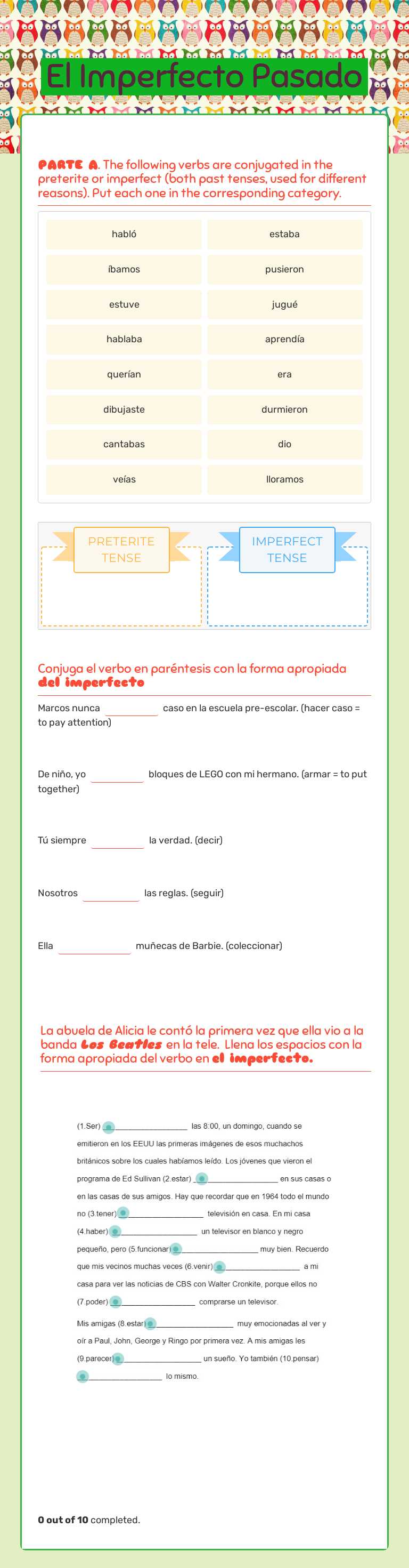 El Imperfecto Pasado worksheet preview image