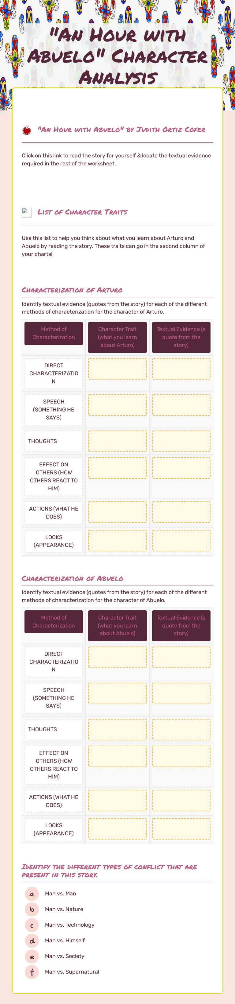 "An Hour with Abuelo"  
Character Analysis Grade 8 worksheet preview