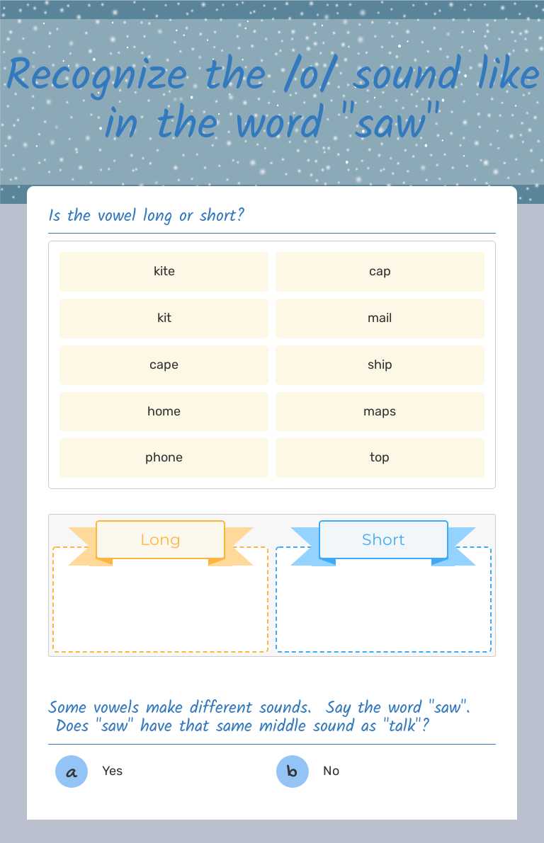 Recognize the /o/ sound like in the word "saw" worksheet preview image