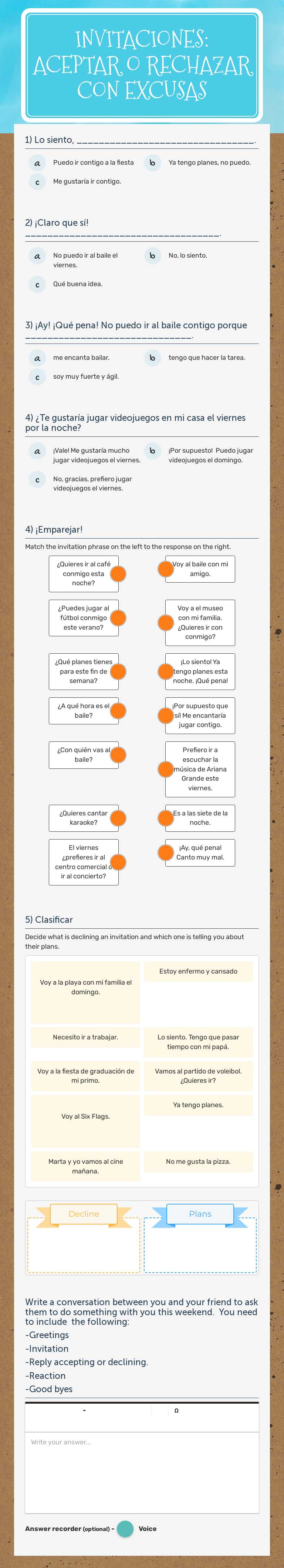 Invitaciones: Aceptar o Rechazar con excusas worksheet preview image