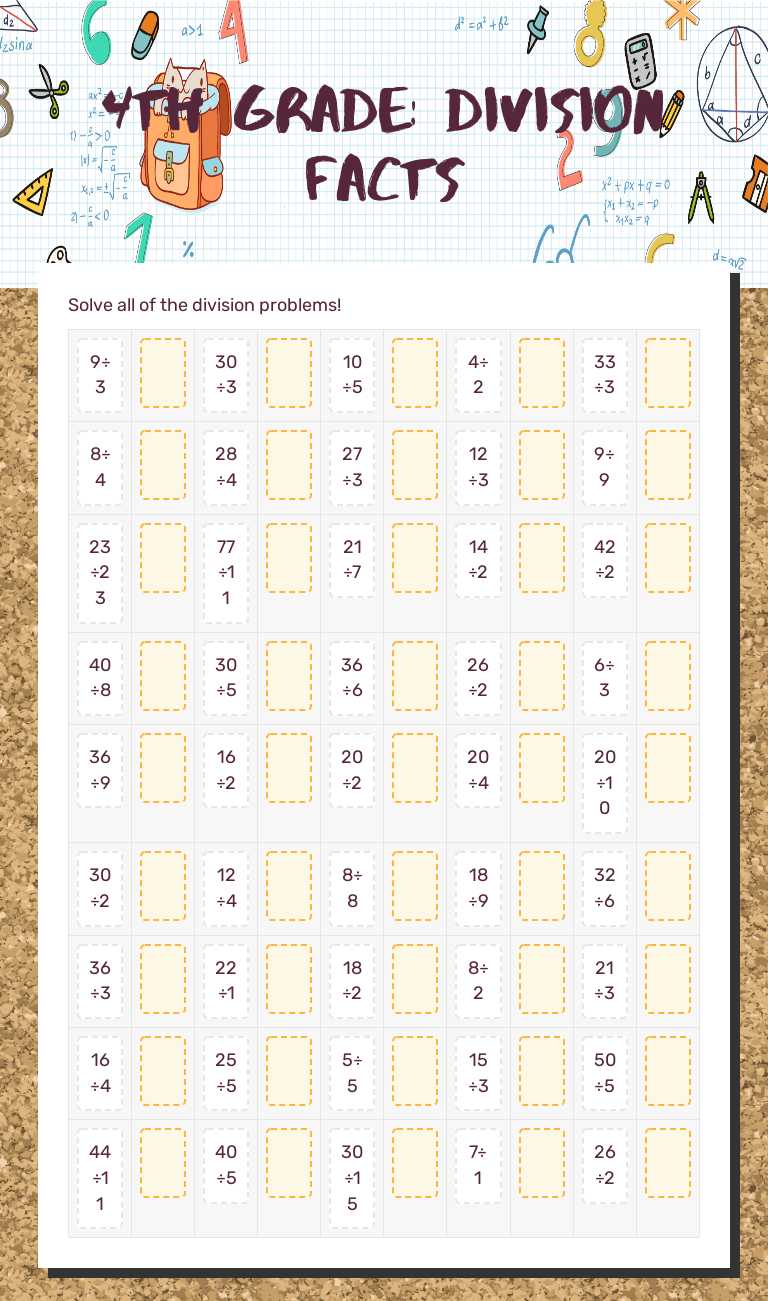 4th Grade: Division Facts Grade 4 worksheet preview