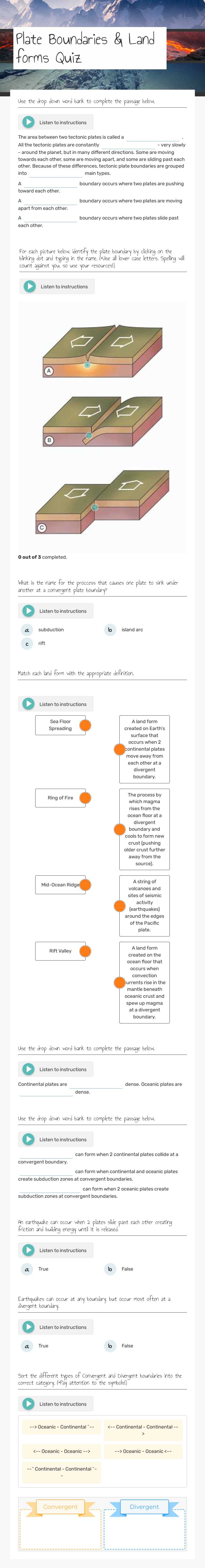 Plate Boundaries & Land forms Quiz worksheet preview image