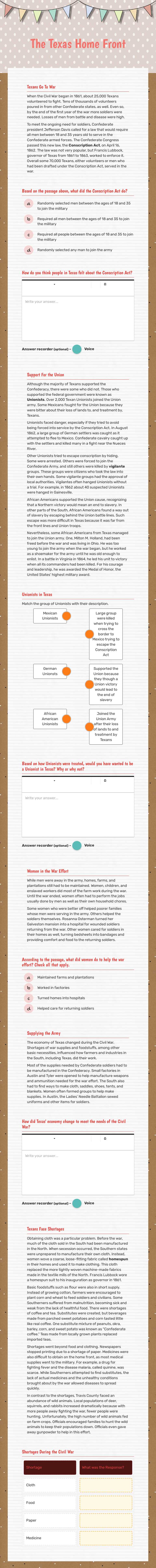 The Texas Home Front worksheet preview image