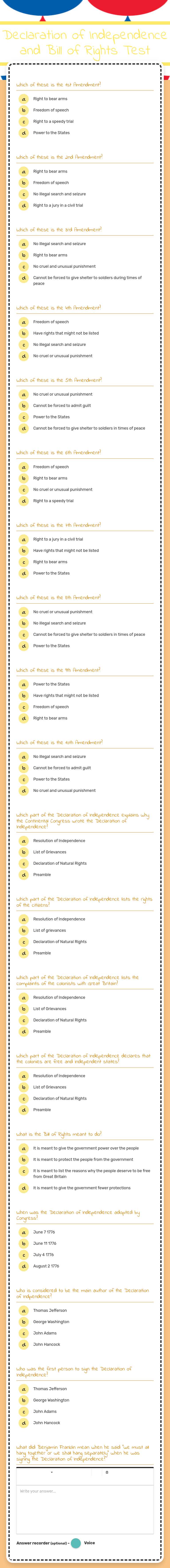 Declaration of Independence and
Bill of Rights Test Grade 5 worksheet preview