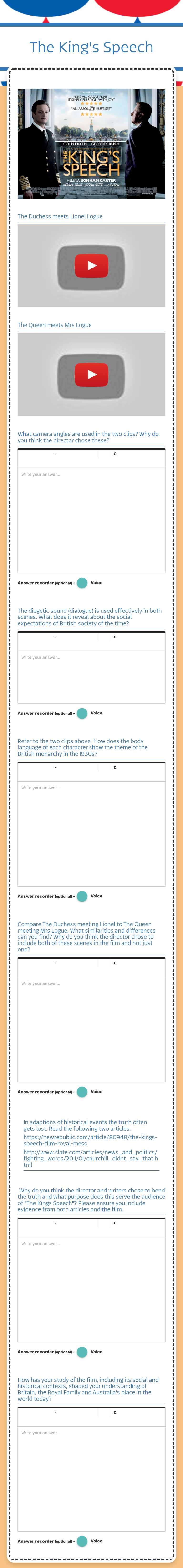 The King's Speech worksheet preview image