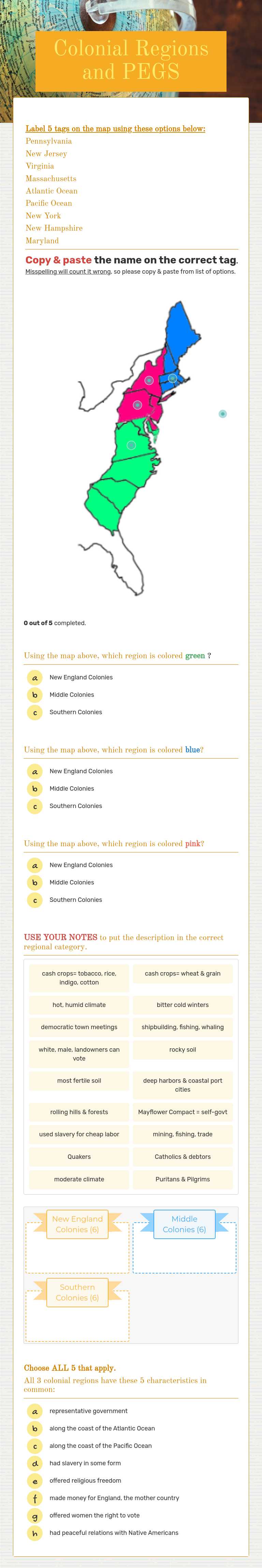 Colonial Regions and PEGS worksheet preview image