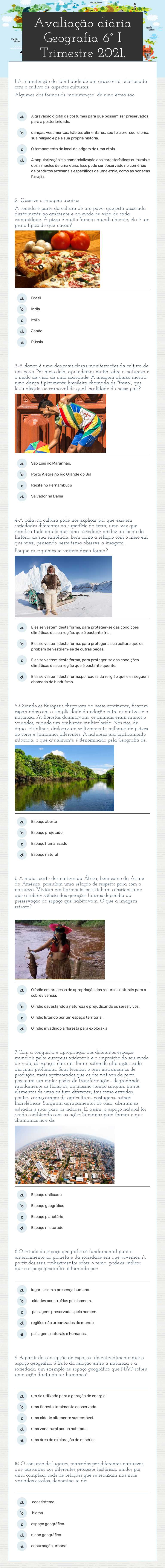 Avaliação diária Geografia 6° I Trimestre 2021. worksheet preview image