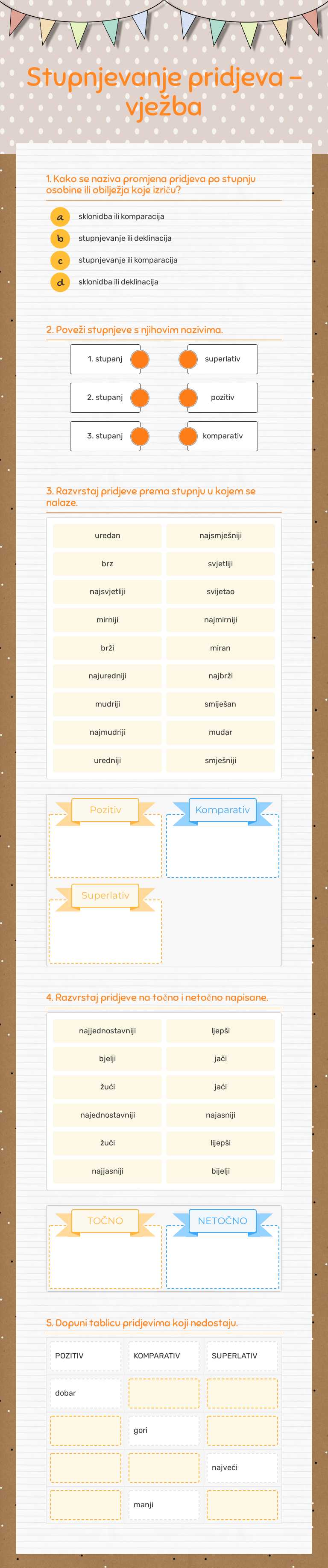 Stupnjevanje pridjeva - vježba worksheet preview image