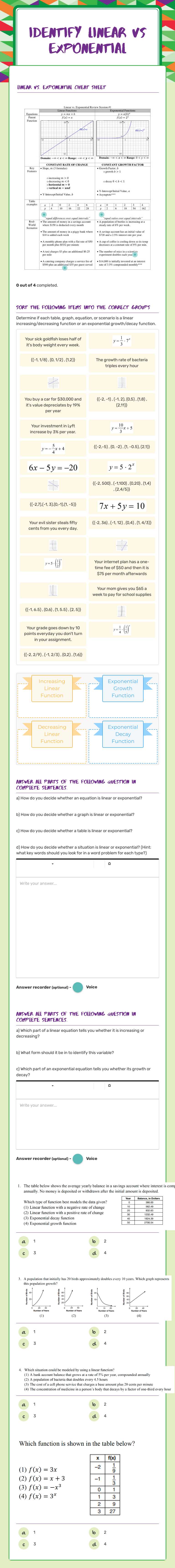 Identify Linear vs Exponential Grade 9 worksheet preview