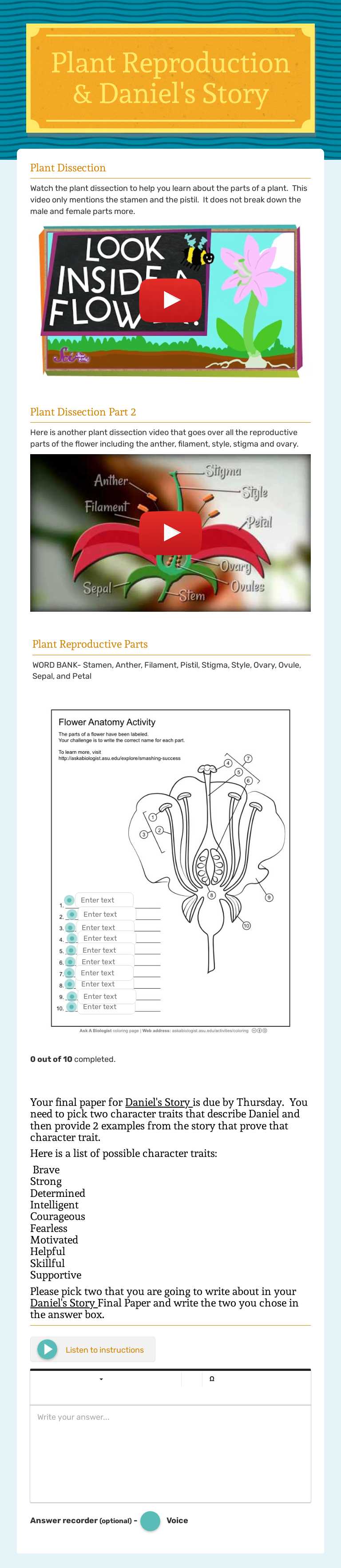 Plant Reproduction & Daniel's Story worksheet preview image