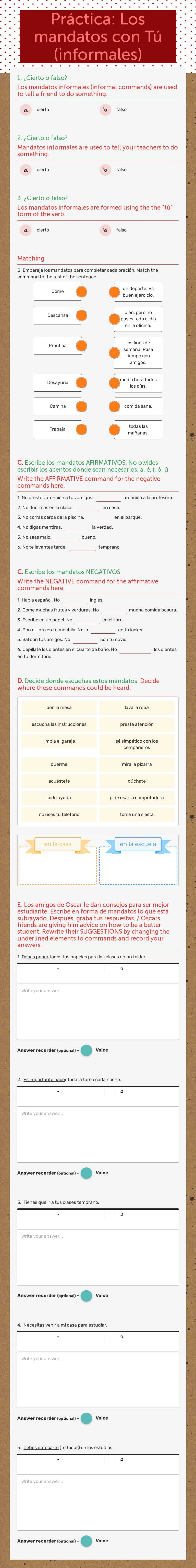 Práctica: Los mandatos con Tú (informales) worksheet preview image