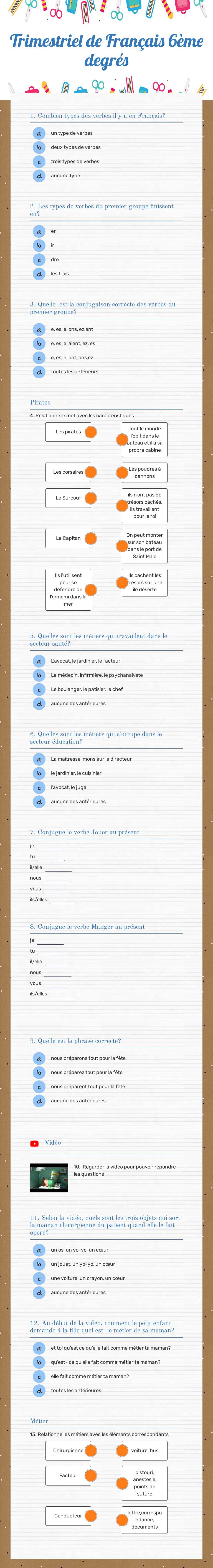 Trimestriel de Français 6ème degrés worksheet preview image
